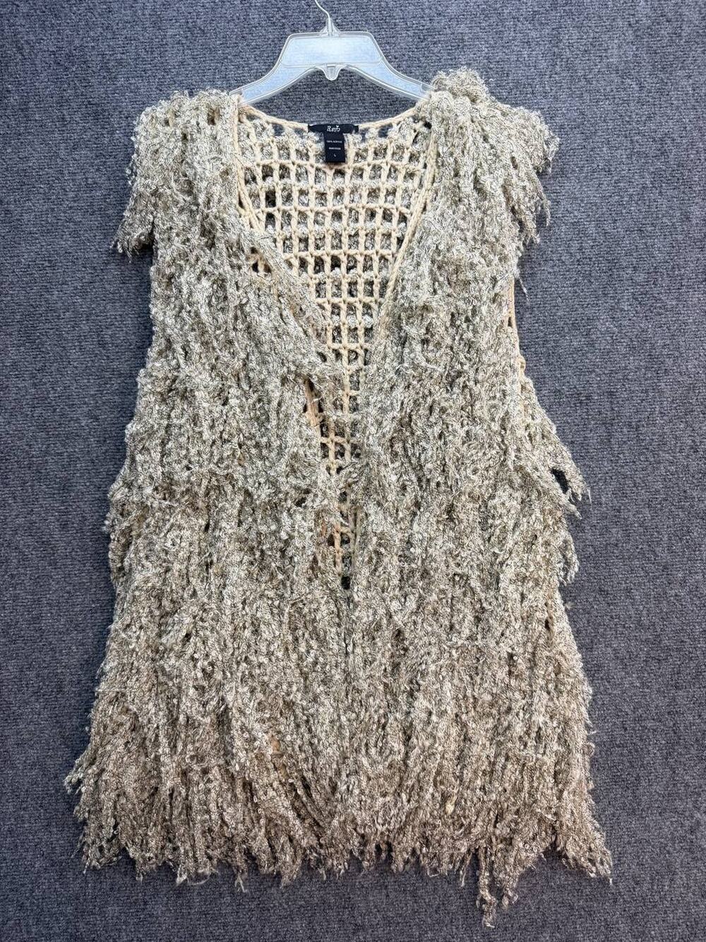 Rain Women's Shaggy Fringe Sweater Vest Open Front Knit Size L Beige